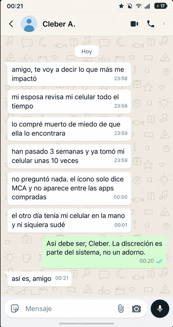 Captura de WhatsApp: alumno dice que su esposa le quita el celular enseguida y no se da cuenta, porque el ícono es solo MCA
